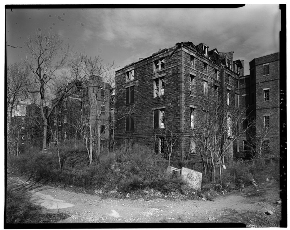 "This structure is also documented as Welfare Island, Castle Hospital. Opened in 1860, Island Hospital was among NYC's largest institutions for the treatment of illnesses among the poor. It occupied a prominent position near the south end of Blackwell's Island, which during the 19th century was extensively developed by the city through construction of numerous facilities for the criminal, the insane, and the destitute." (Courtesy of the Library of Congress)